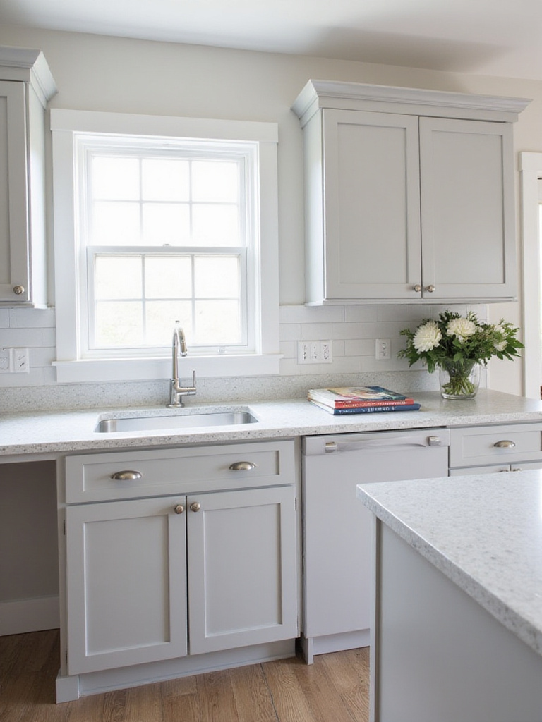 Newly refaced kitchen cabinets in light gray with brushed nickel hardware.