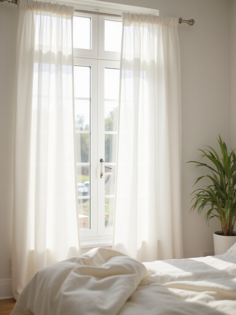 Soft sunlight filtering through floor-to-ceiling sheer linen curtains in a cozy bedroom.