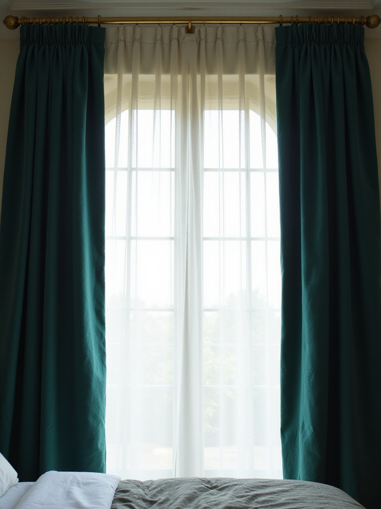 Luxurious bedroom with layered window treatments featuring sheer curtains and velvet drapes for privacy and light control.