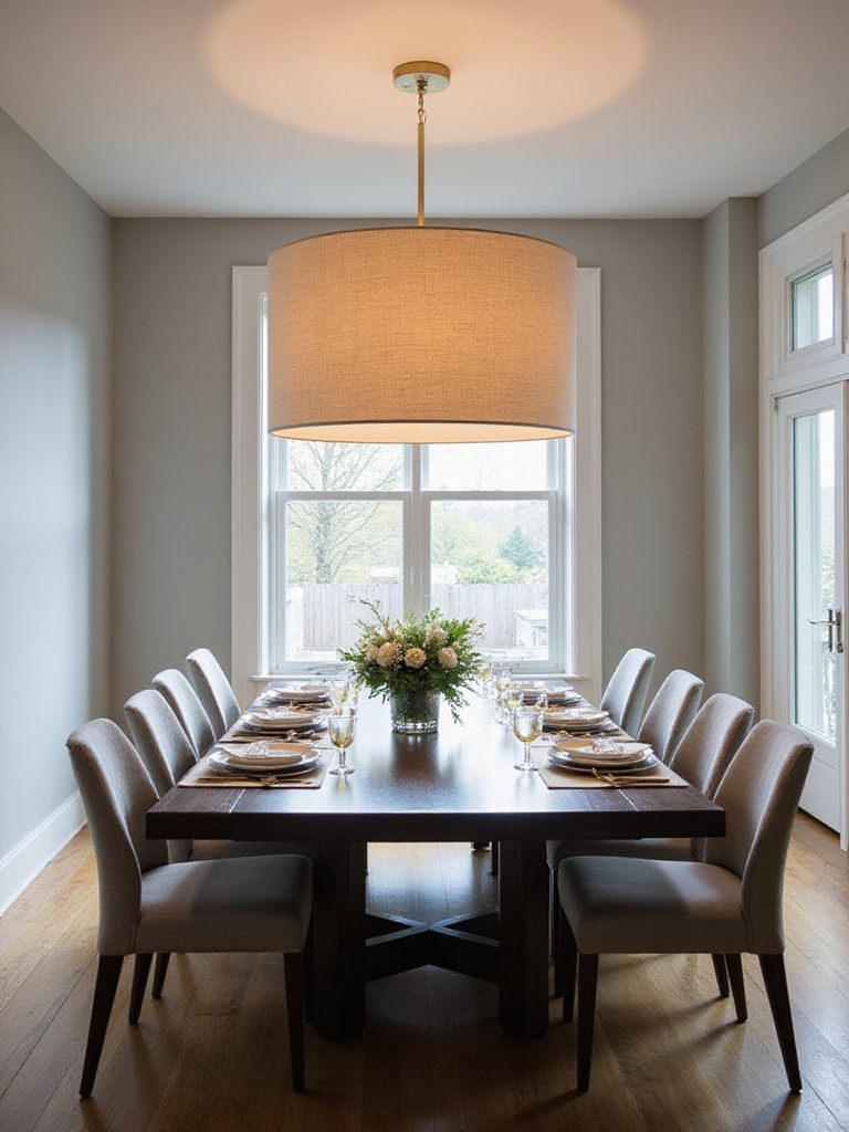 Modern dining room with linen drum chandelier over a dark wood table