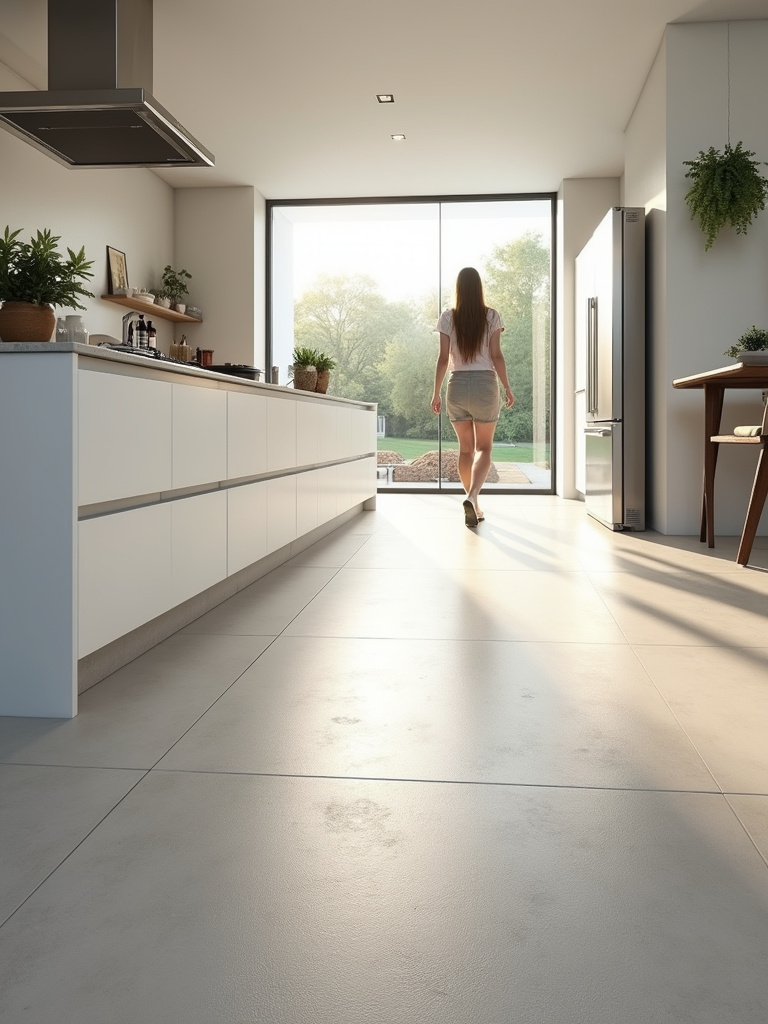 Modern kitchen with durable and stylish light grey porcelain tile flooring.