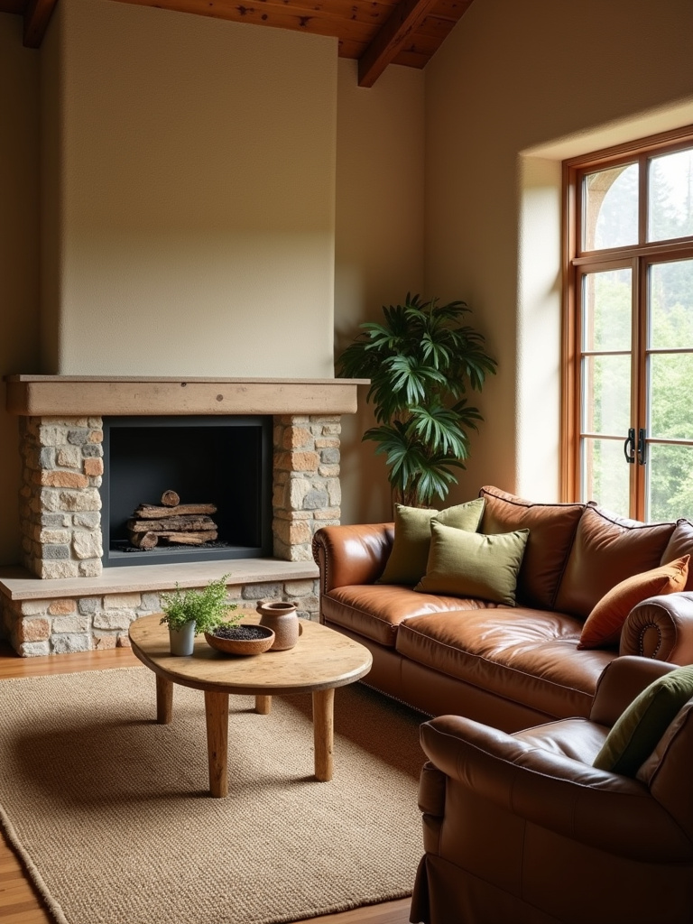 Rustic living room featuring an earthy color palette with beige walls, brown leather sofa, and accents of green and burnt orange.