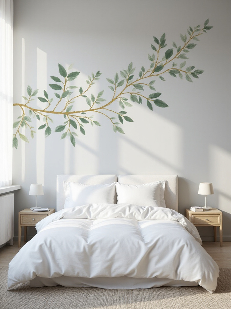 Modern bedroom featuring a stylish botanical wall decal above the bed.