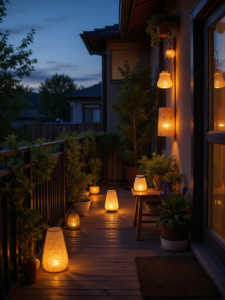 Balcony illuminated by eco-friendly solar lanterns at dusk