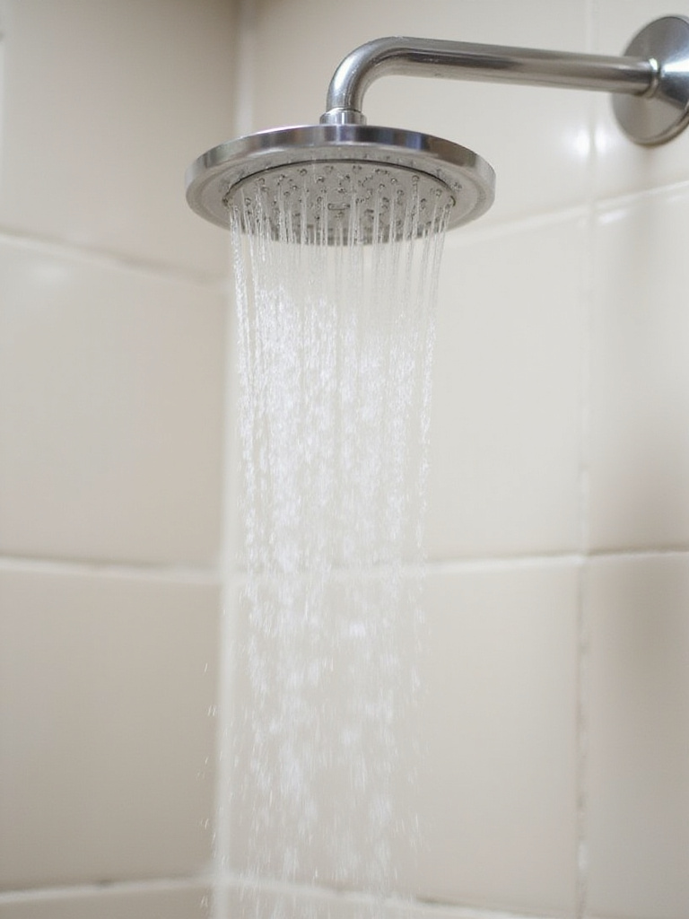 Low-flow showerhead in modern bathroom, saving water.