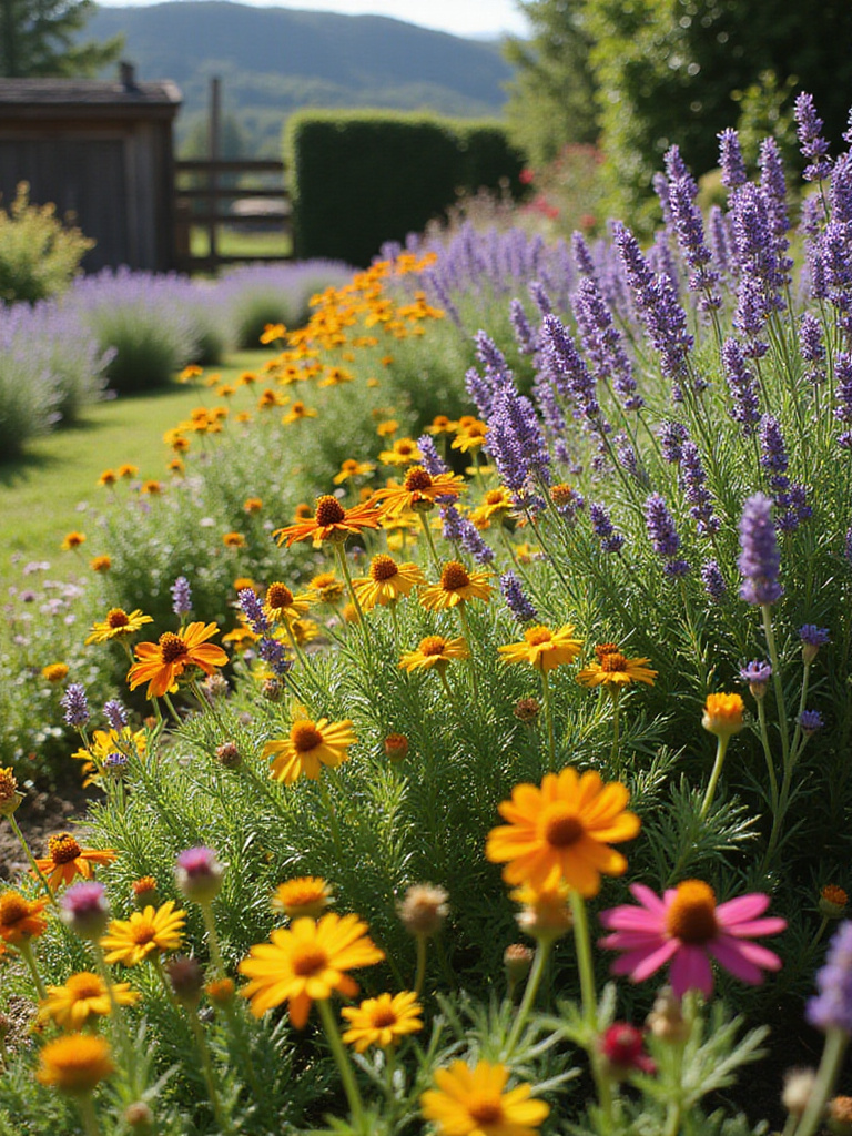 Lush flower garden featuring a variety of low-maintenance blooms like lavender, coneflowers, and sedum.