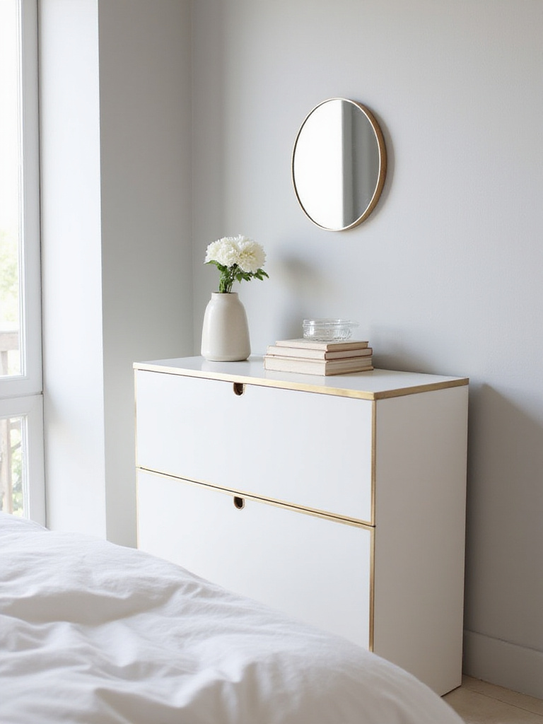 Elegant white dresser with gold hardware in a serene bedroom.