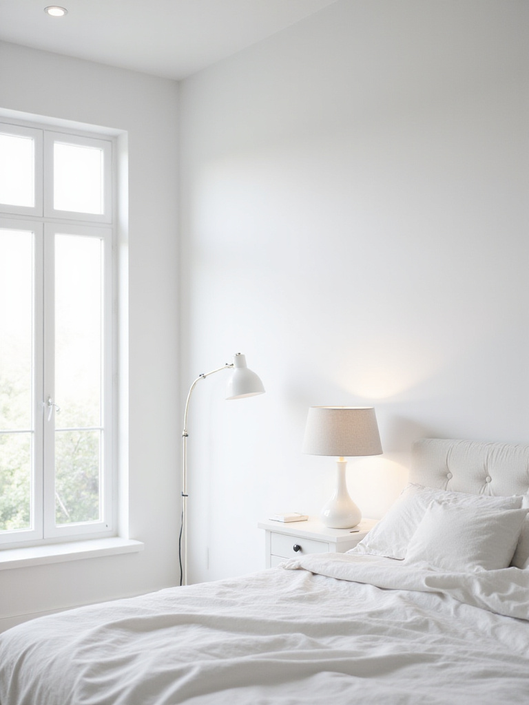 Serene white bedroom with elegant white lamps and gentle lighting fixtures