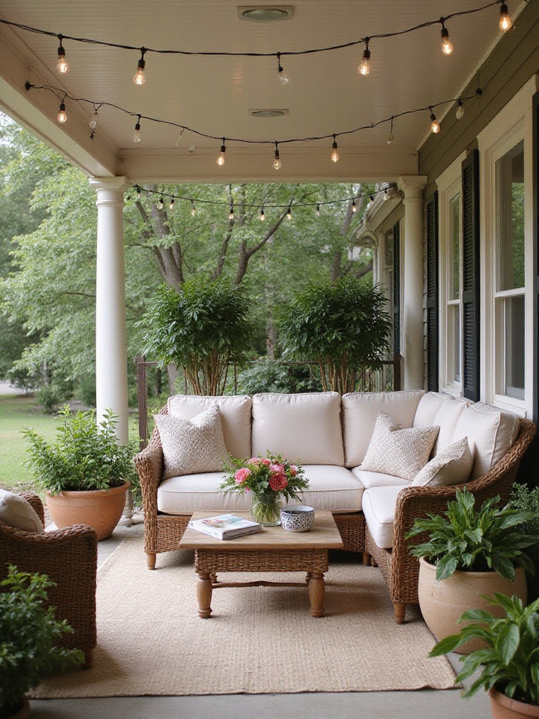 Elegant wicker sofa set on a covered porch, creating a stylish outdoor lounge area.