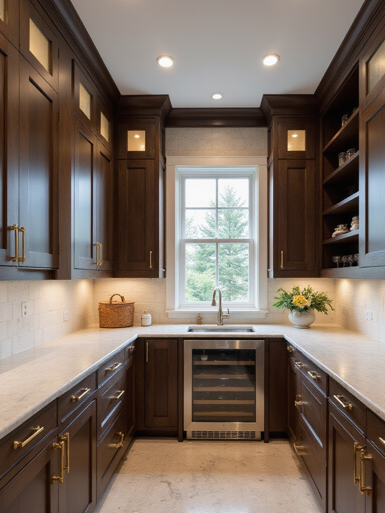 Luxurious butler's pantry with dark wood cabinets, marble countertops, and a wine refrigerator.