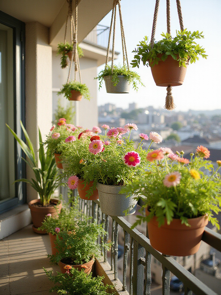 Balcony with vibrant hanging planters filled with blooming flowers and greenery.