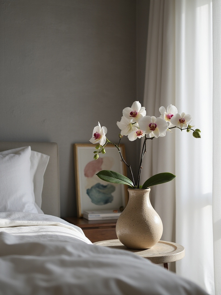 Luxurious bedroom detail: handcrafted ceramic vase with orchids on bedside table.