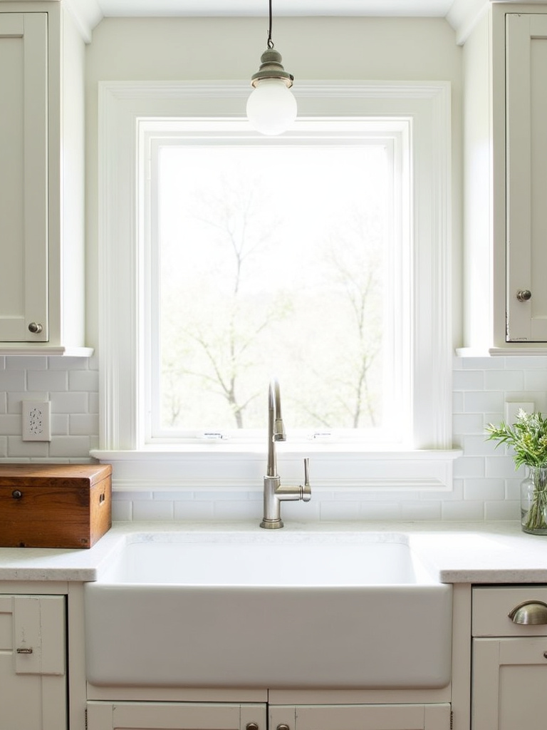 White Shaker cabinets in a bright farmhouse kitchen