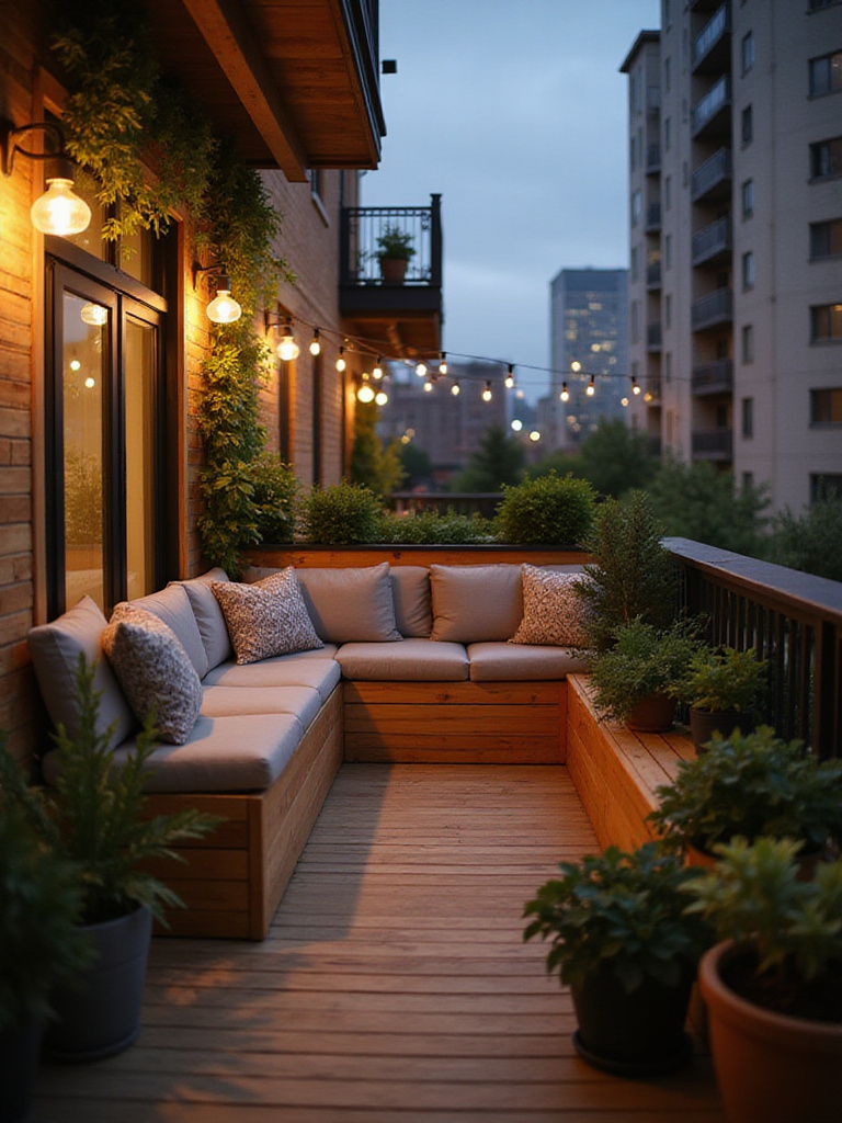 Cozy apartment balcony with built-in cedar bench seating, cushions, string lights, and potted plants.