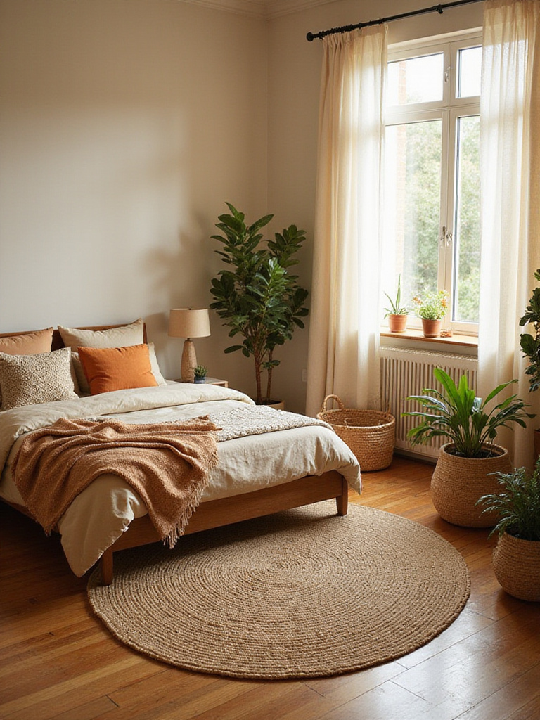 Boho bedroom with earthy tones, including beige bedding, terracotta accents, and woven rug.