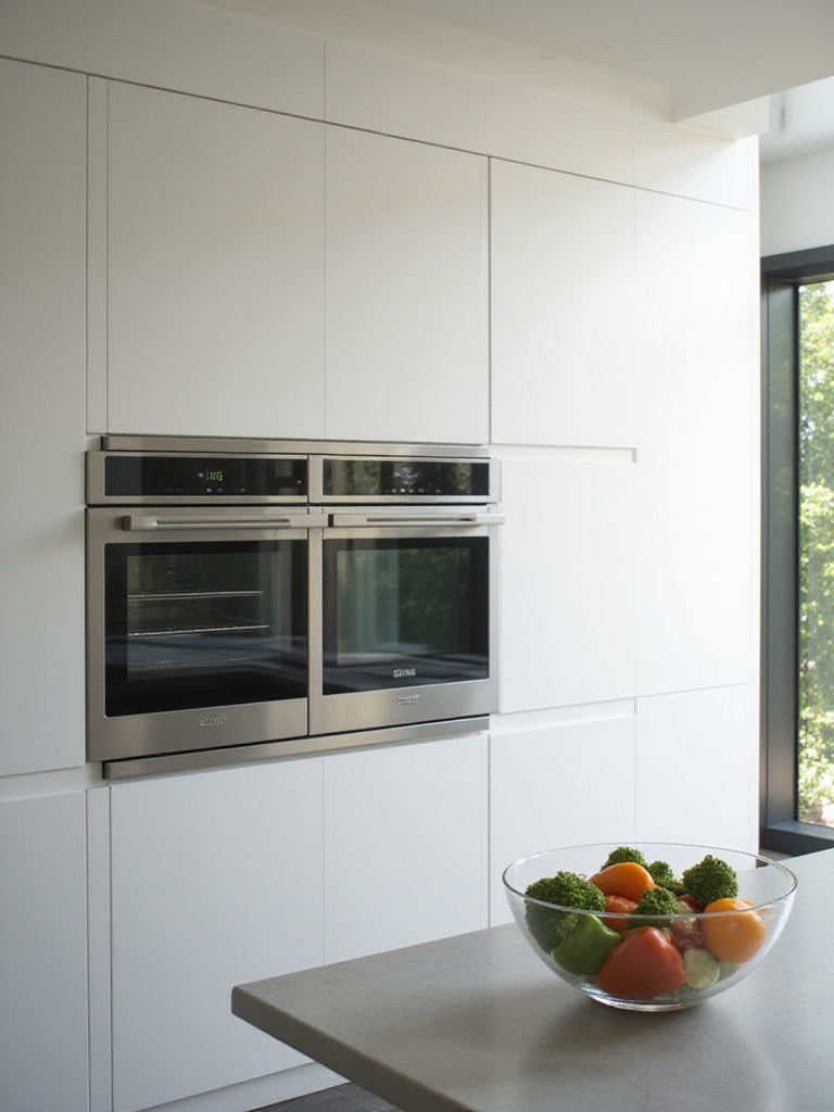 Modern kitchen with a built-in stainless steel steam oven and fresh vegetables, promoting healthy cooking.
