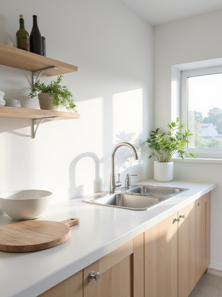 Bright, minimalist Scandinavian kitchen with white walls and light wood cabinets