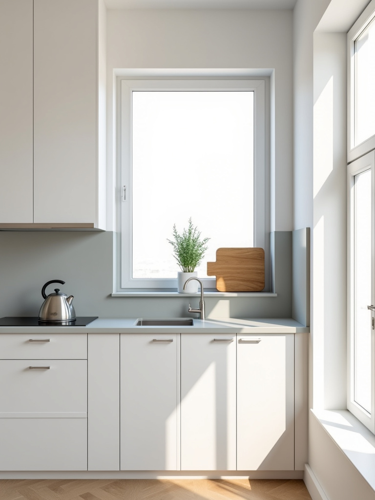 Minimalist apartment kitchen with white cabinets and uncluttered countertops.