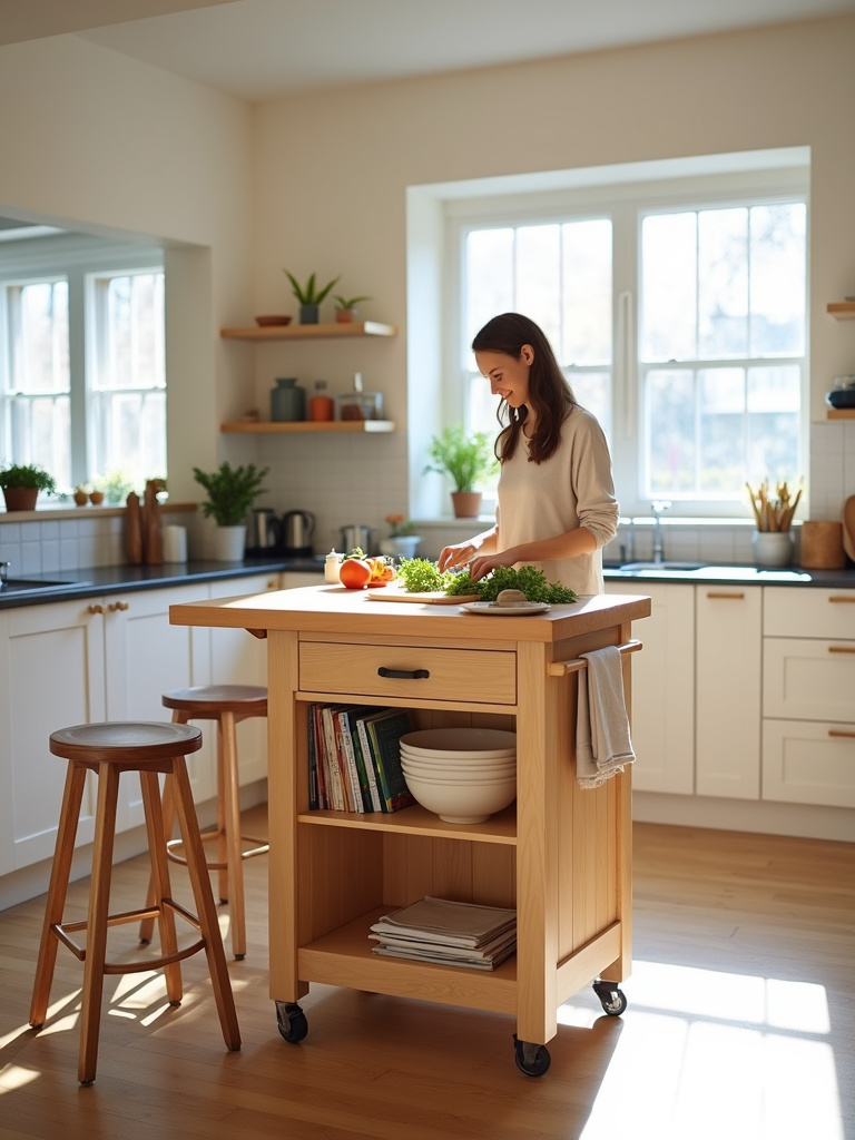Apartment kitchen with a light wood kitchen island on wheels, butcher block countertop, and bar stools.