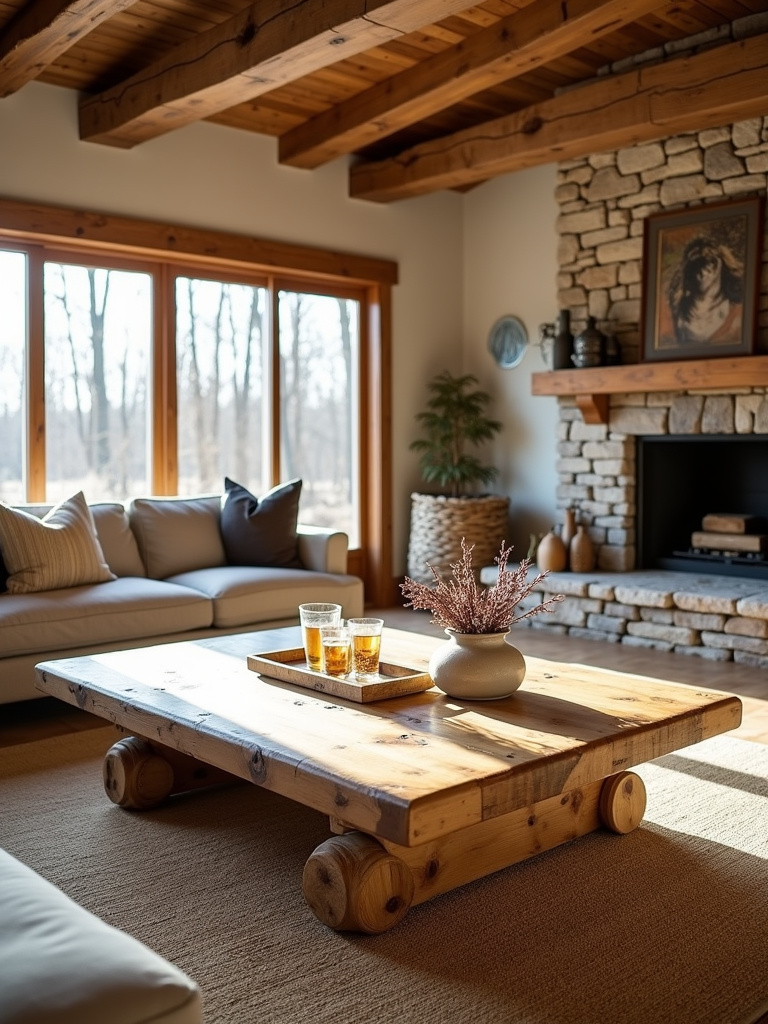 Rustic living room with natural wood coffee table and exposed beams
