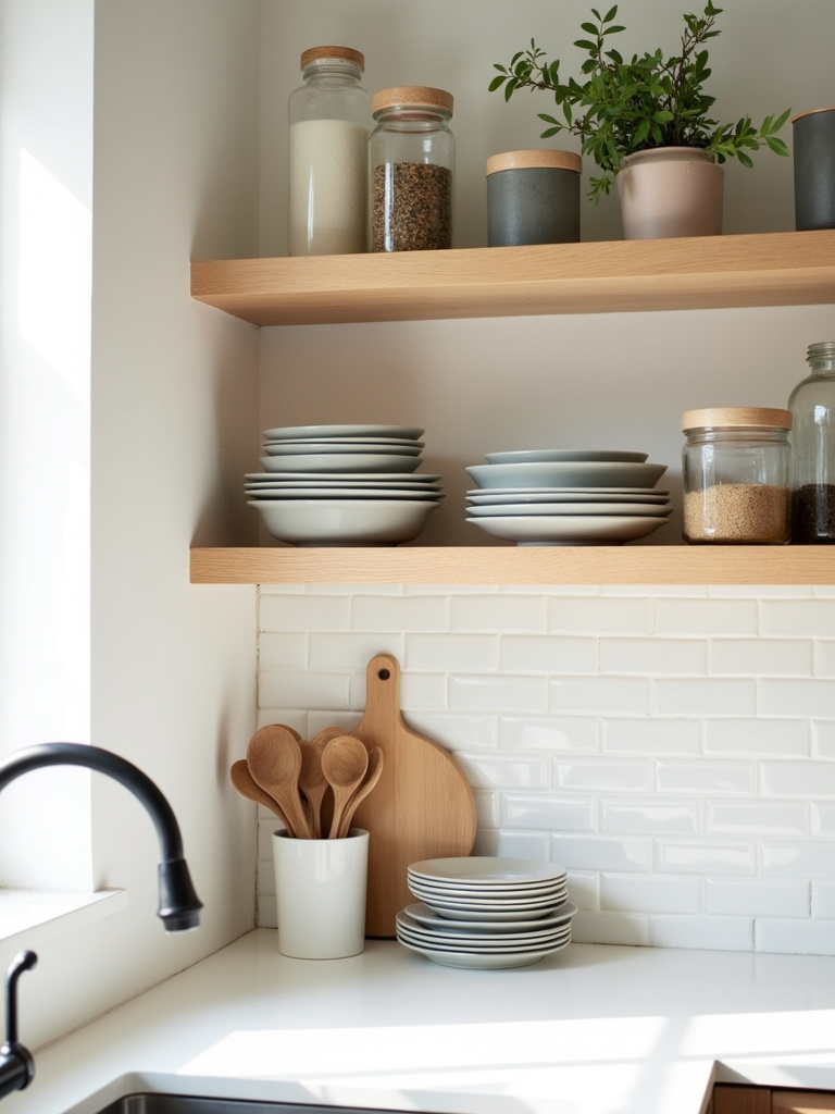 Modern kitchen with light wood open shelving and curated display of kitchenware.