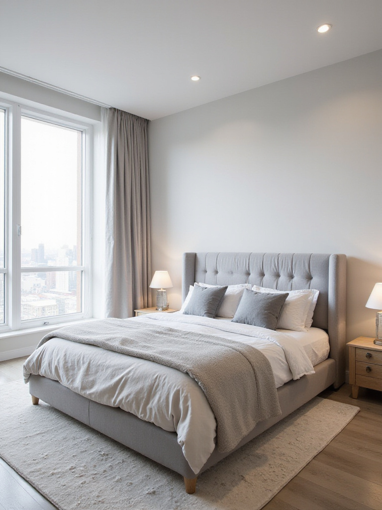 Luxurious minimalist bedroom with calming grey and white color palette.
