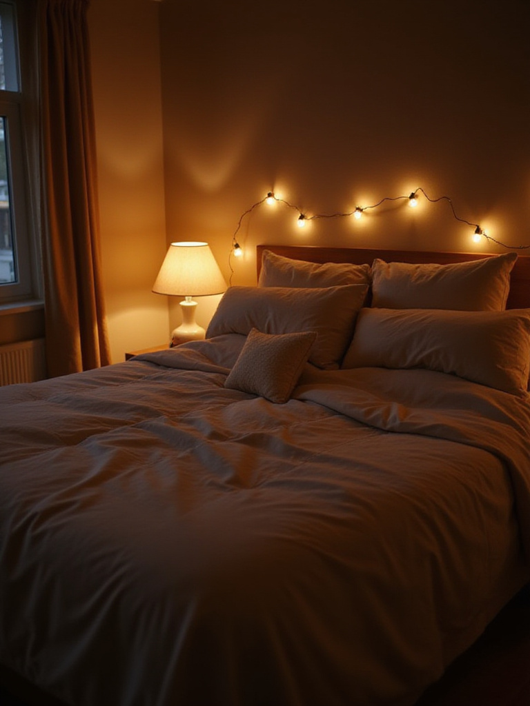 Cozy bedroom with warm lighting from bedside lamps and fairy lights.