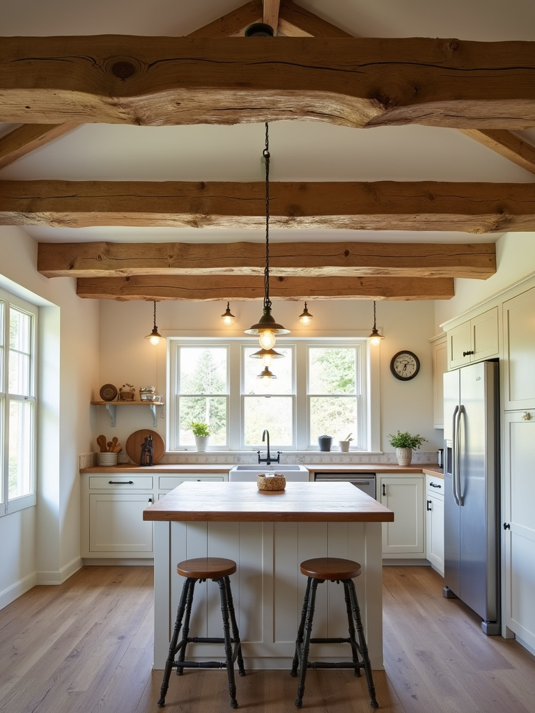 Rustic kitchen with exposed wooden beams and farmhouse island