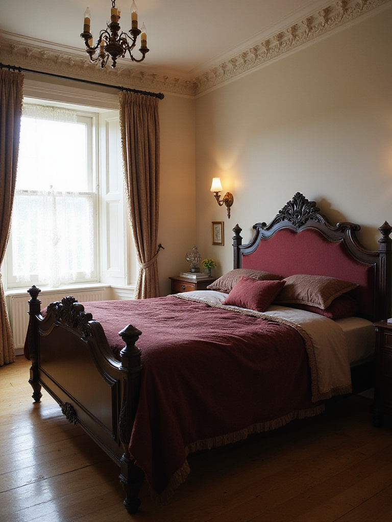 Victorian-inspired bedroom with a dark wood bed frame and velvet upholstered headboard.