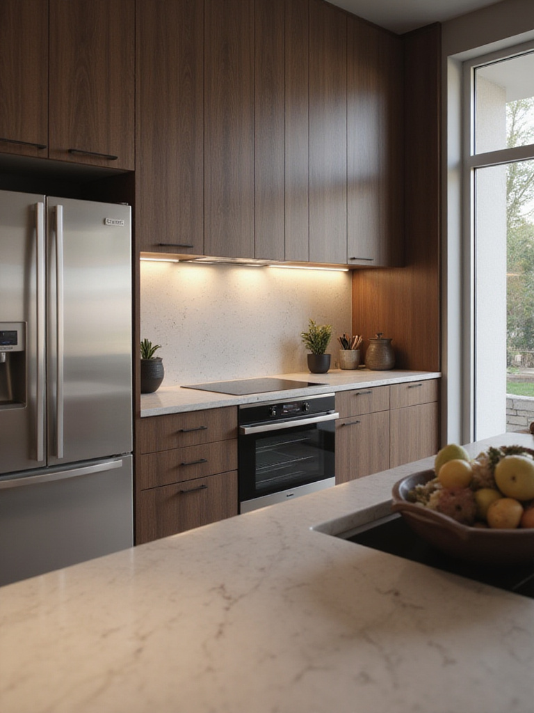 Luxury kitchen with integrated smart appliances and lighting.