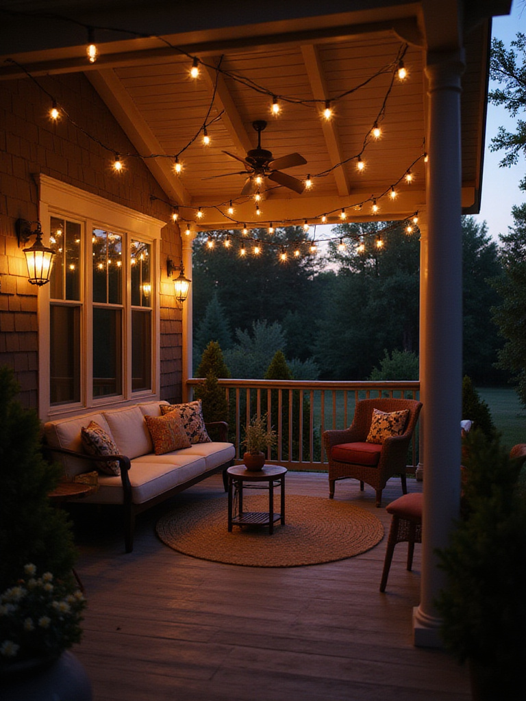 Porch illuminated with string lights at twilight