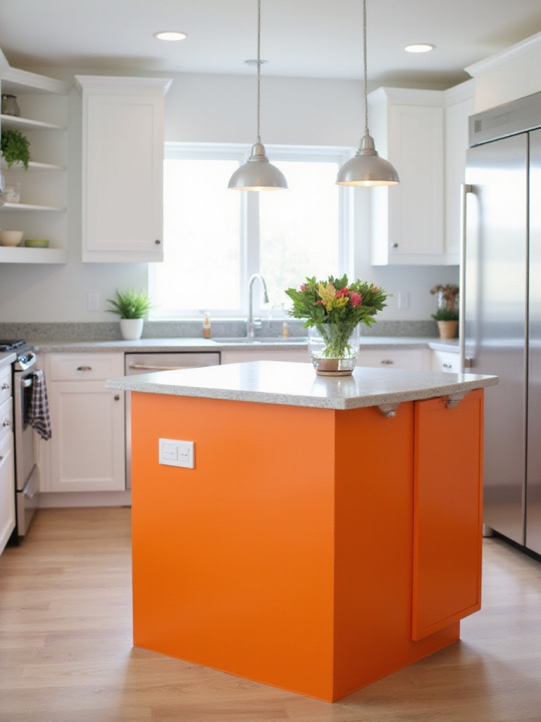 Vibrant orange kitchen island in a modern white and gray kitchen