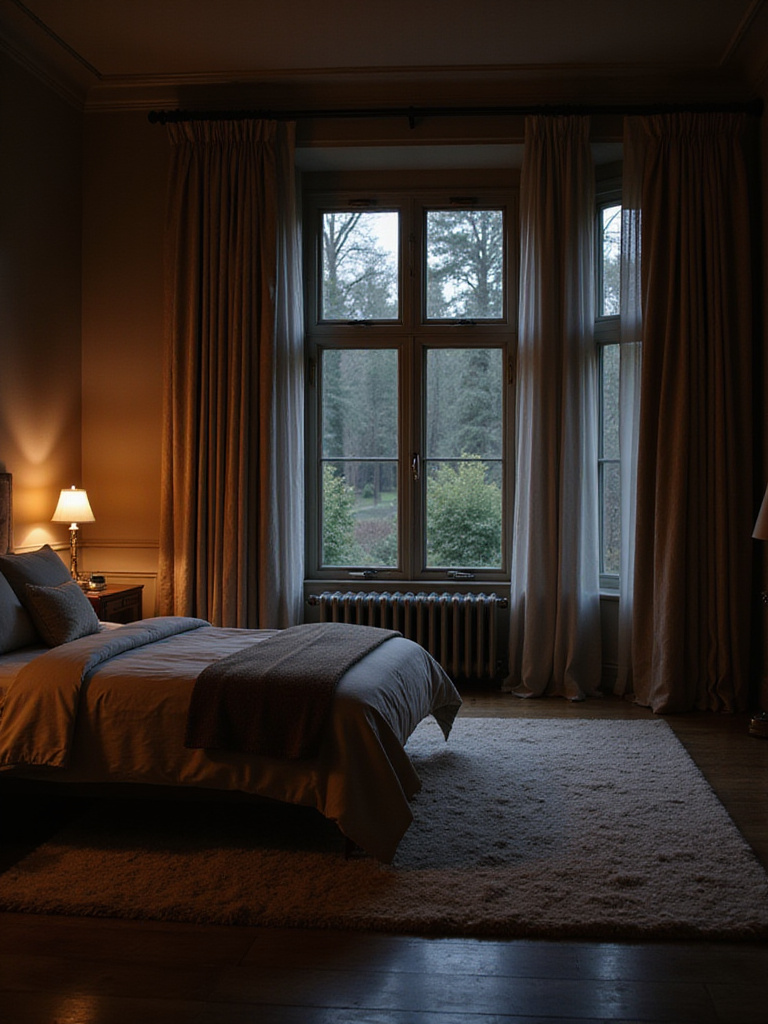Luxurious bedroom with thick curtains and plush rug, designed for soundproofing and undisturbed sleep.