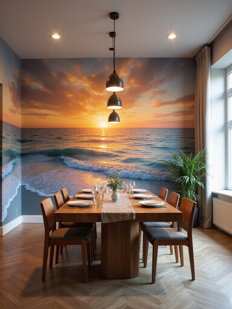 Dining room with scenic ocean sunset wall mural
