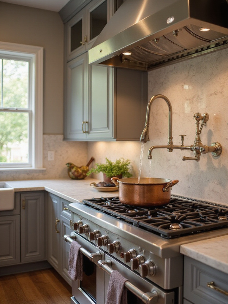 Luxury kitchen featuring a stainless steel pot filler faucet above a range.