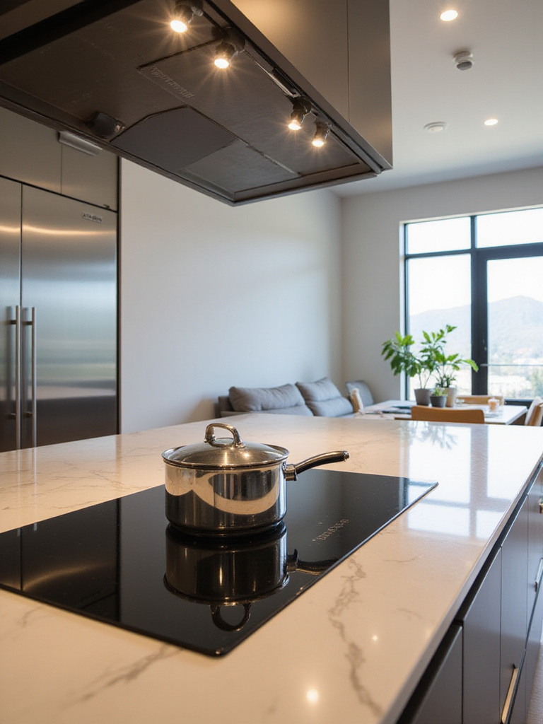 Sleek black induction cooktop flush-mounted in a modern luxury kitchen