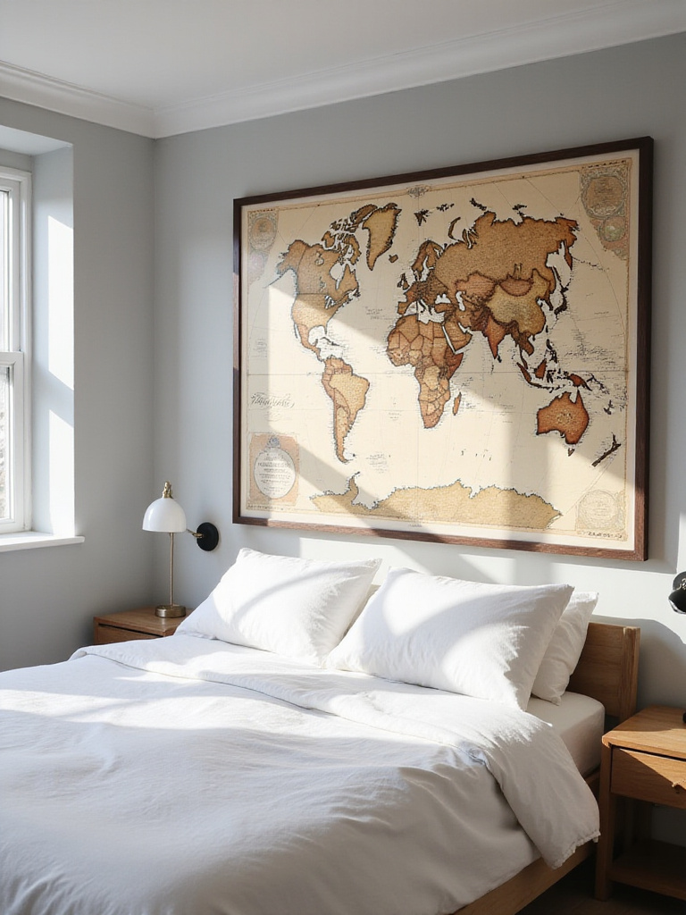 Bedroom with vintage world map wall decoration
