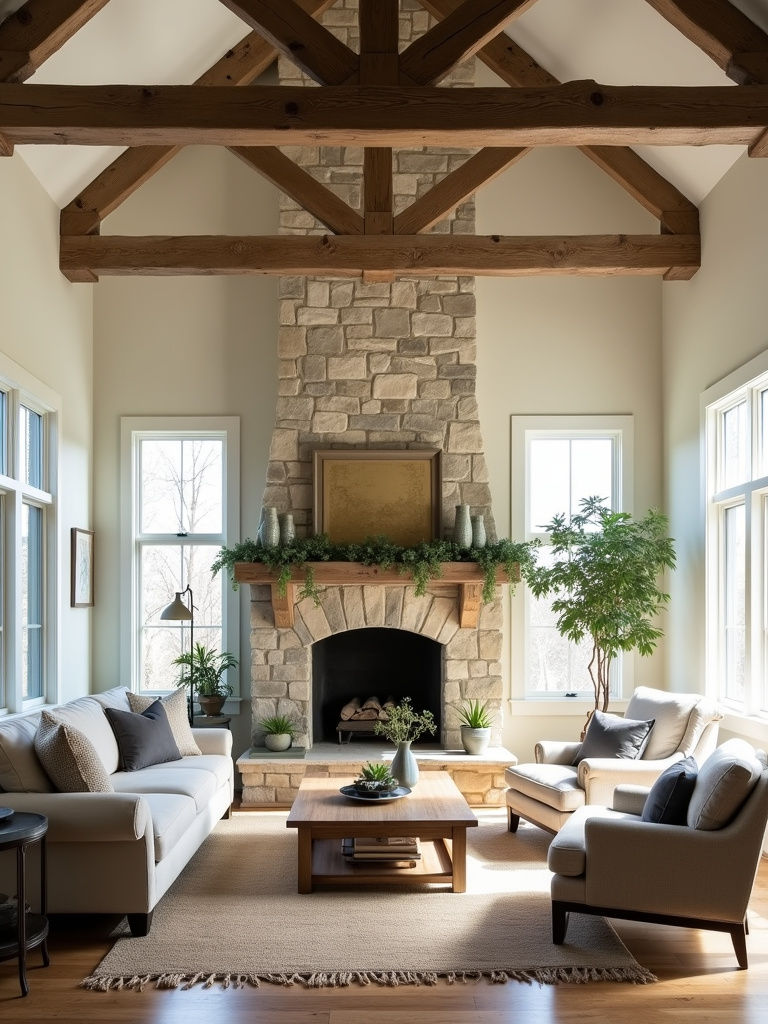 Rustic living room with exposed wood beams and stone fireplace