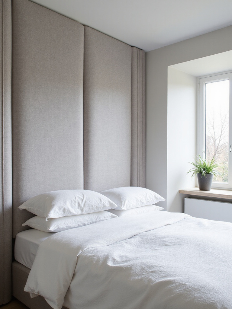 Modern bedroom with a tall, grey upholstered headboard extending to the ceiling.