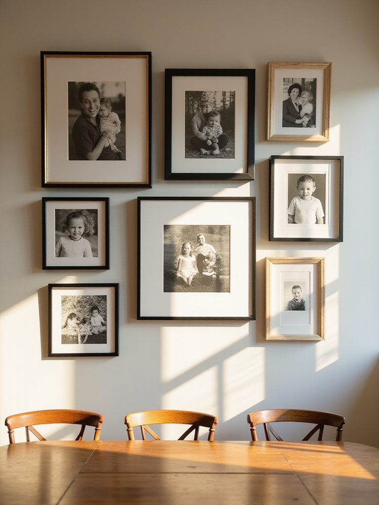 Dining room with a gallery wall of family photos in black and white and natural wood frames.