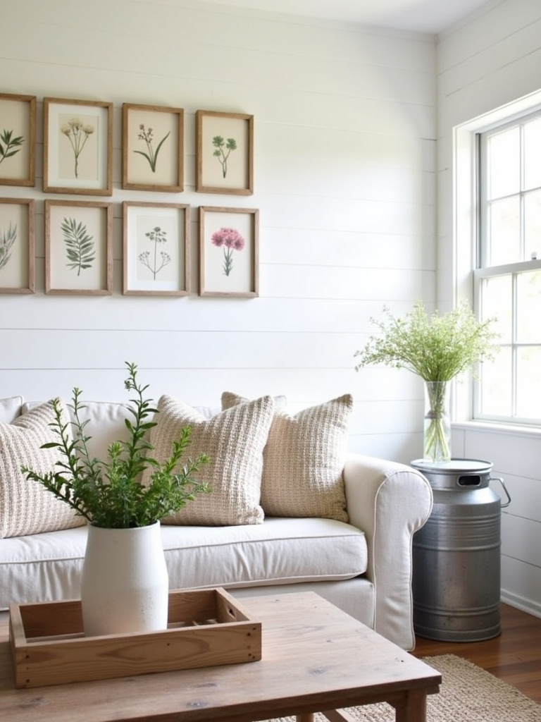 Farmhouse style living room with shiplap walls, reclaimed wood coffee table, and linen sofa.