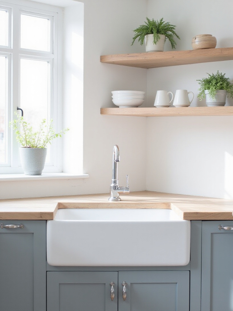 Scandinavian kitchen with white farmhouse sink and light wood countertops.