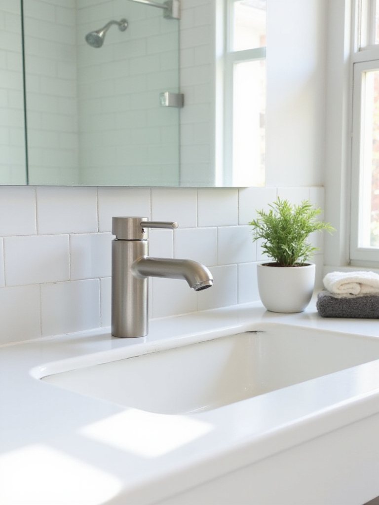 Modern brushed nickel faucet on a white bathroom sink.