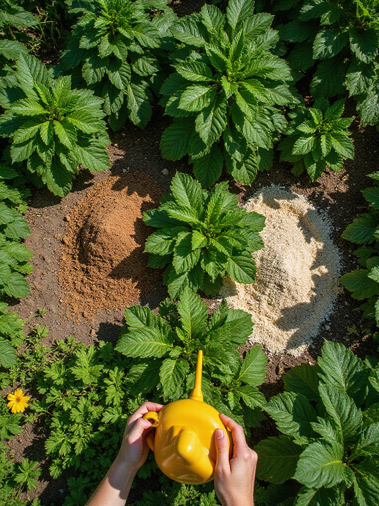 Vegetable garden showing different fertilization methods: compost, granular, and liquid fertilizer