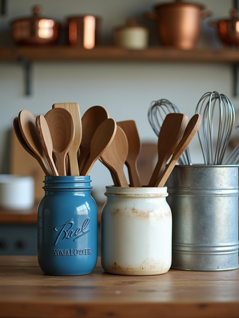Rustic kitchen countertop featuring vintage mason jar, crock, and metal bucket utensil holders.