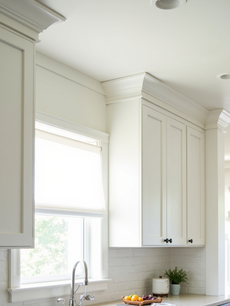 Farmhouse kitchen cabinets with elegant white crown molding