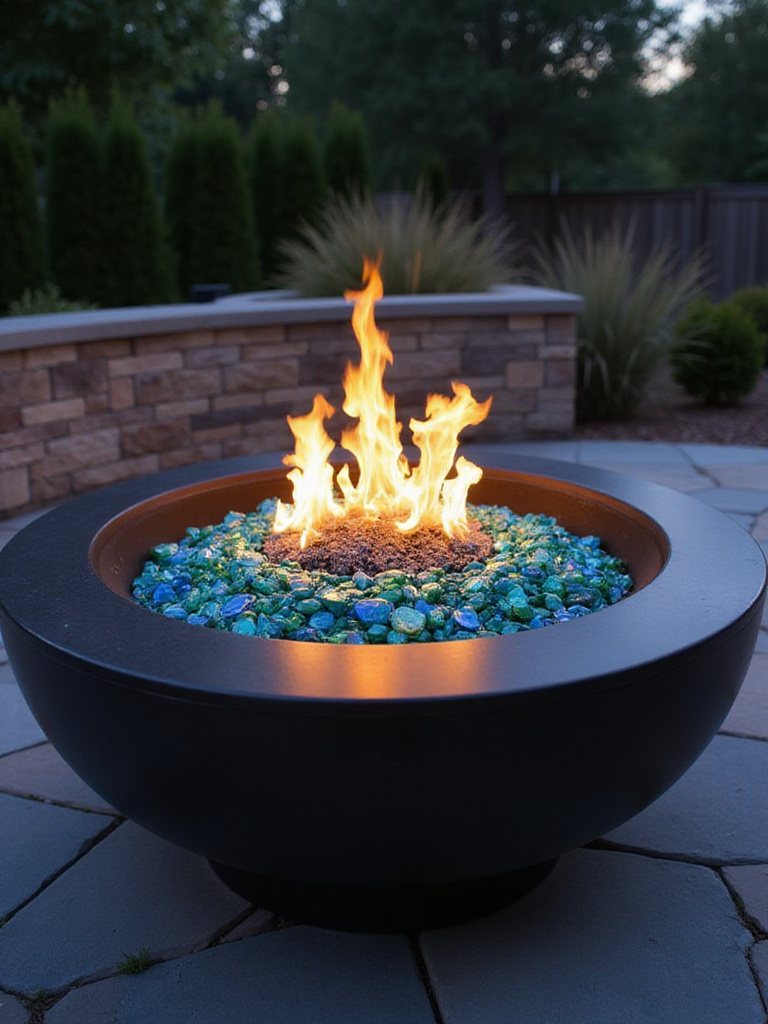 Fire pit filled with colorful glass rocks reflecting flames on a stone patio at dusk