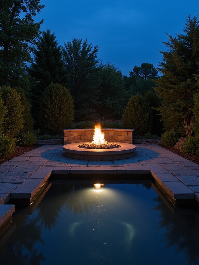 Backyard firepit with reflecting pool and submerged lighting.