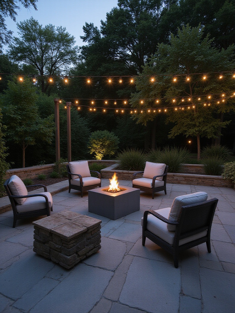 Modern backyard patio with a concrete firepit coffee table and comfortable seating.
