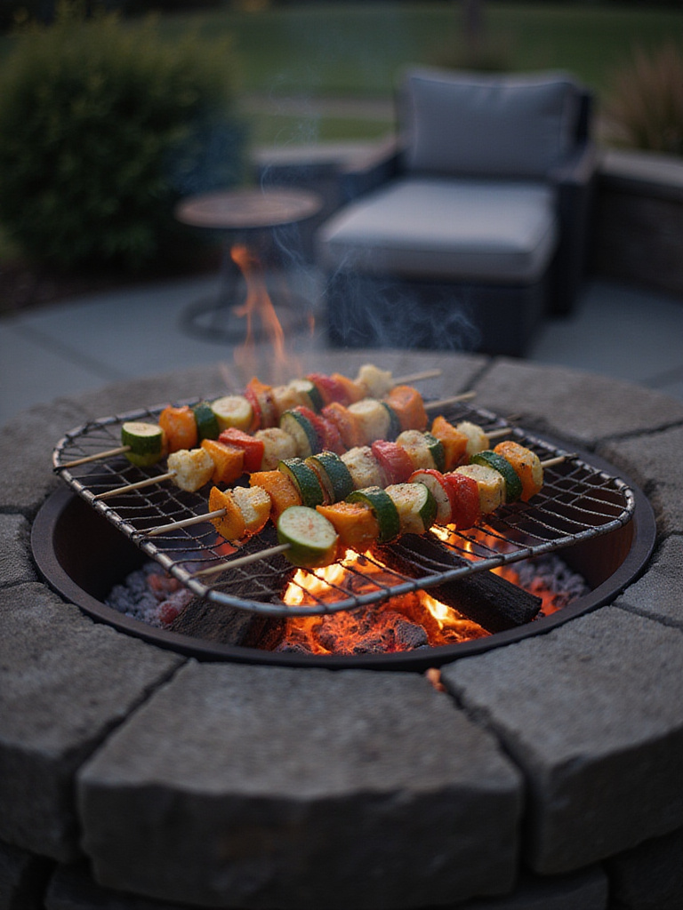 Firepit with grilling grate and vegetable skewers for outdoor cooking